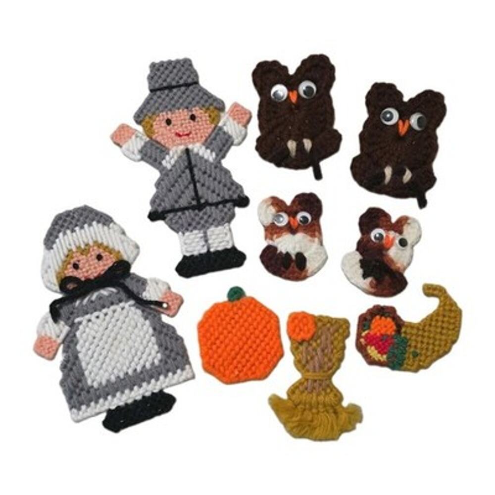 Vintage Thanksgiving Fall Magnets Cross Stitch Handmade 90s Grandmacore Pilgrims